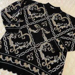 Vintage Dana Scott Bow Heart Metallic Black Gold Sweater Medium M Pullover